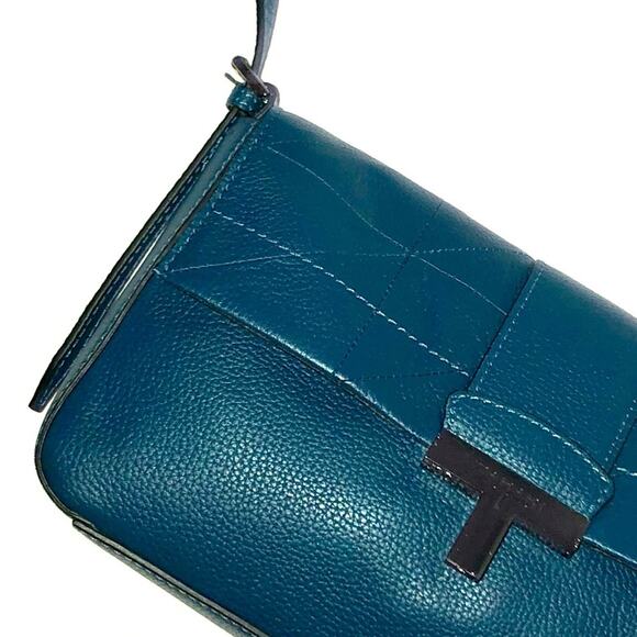T Tahari Teal Frida Leather Shoulder Bag Baguette Blue - Picture 4 of 8